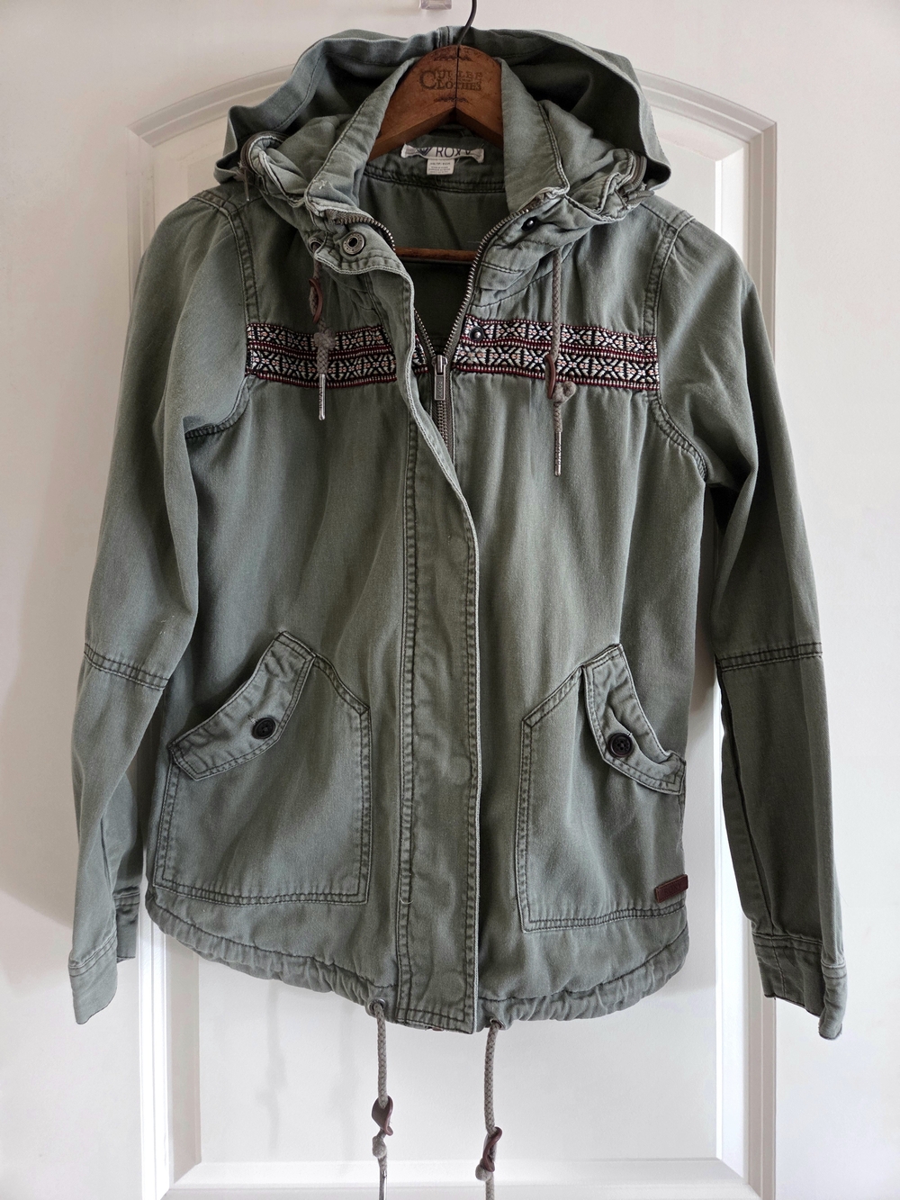 Roxy Olive Green Boho Embroidered Hooded Utility Jacket - Size XS
